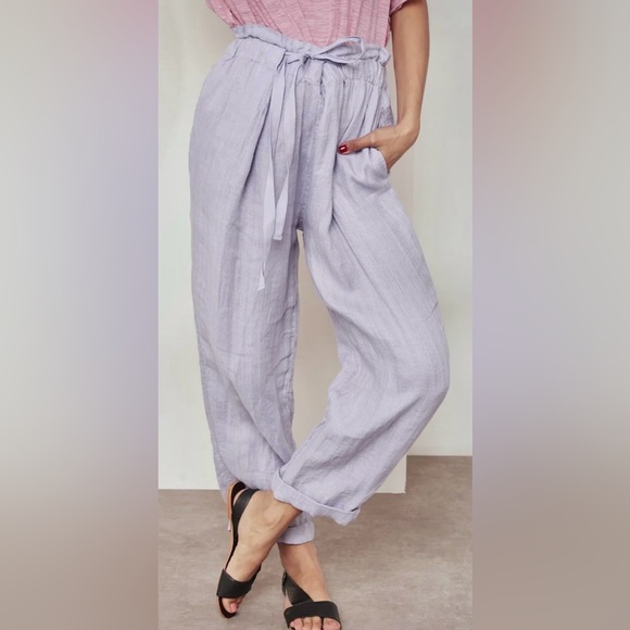 Free People Pants - Free People Only Over You Linen Pant in Blue Pearl Tie Bag Waist Straight Leg